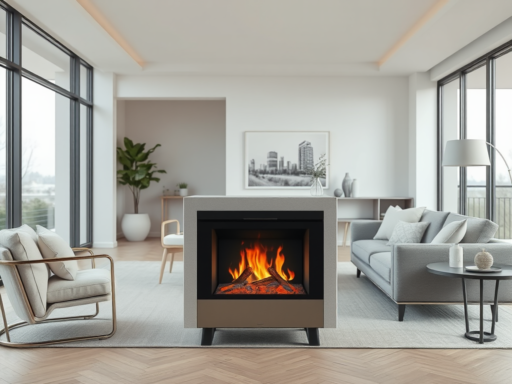 A modern living room featuring a stylish fireplace, comfortable seating, and large windows letting in natural light.