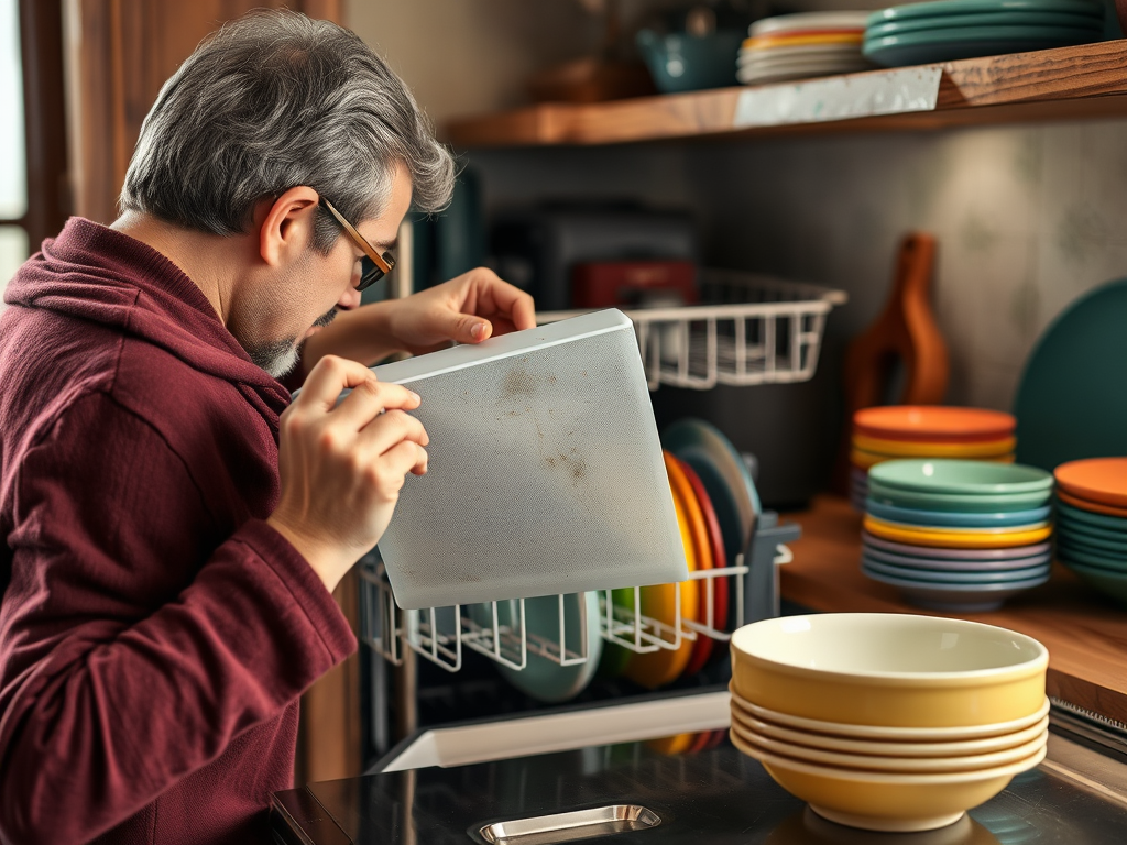 A man in a burgundy robe examines a dish from the dishwasher, surrounded by colorful plates and bowls in the kitchen.