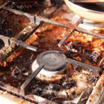 Step-by-step guide showing effective methods to clean burnt-on grease from a stove top