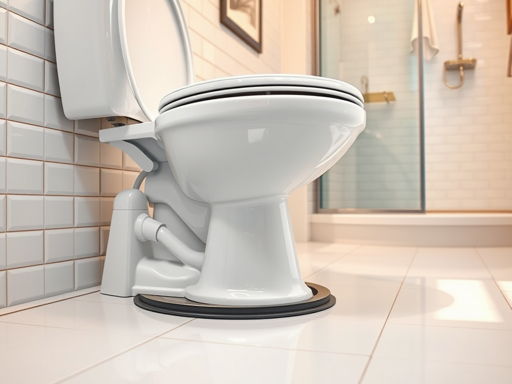 A close-up view of a modern white toilet with a stylish design, set on tiled flooring in a clean bathroom.