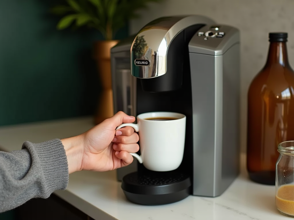 A person holding a white mug as coffee is poured from a modern Keurig machine on a kitchen counter.