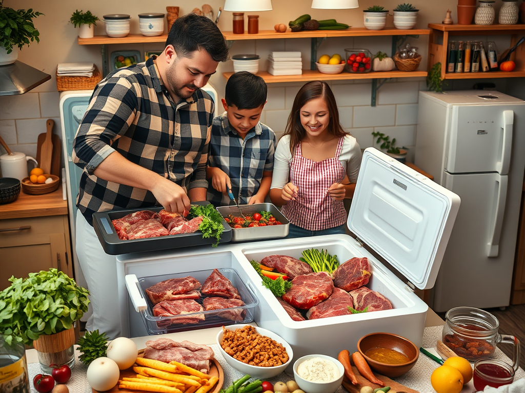 A family prepares food together in a kitchen, organizing fresh meats and vegetables on a table.