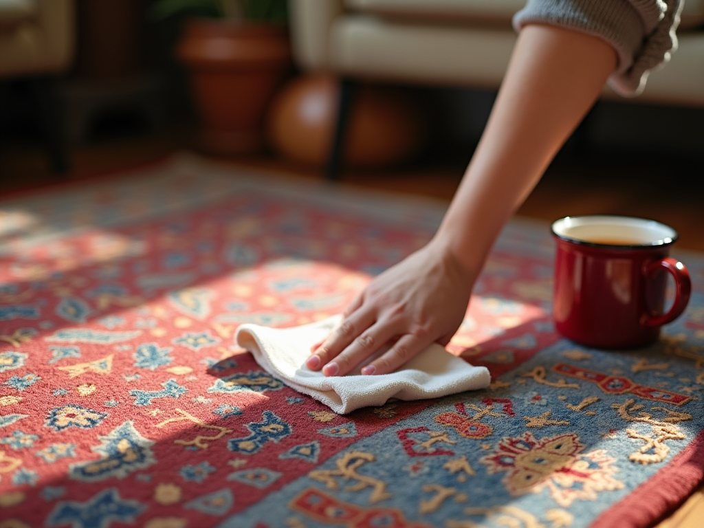 Person cleaning a stain on an ornate rug with a cloth, next to a red mug in a sunny room.