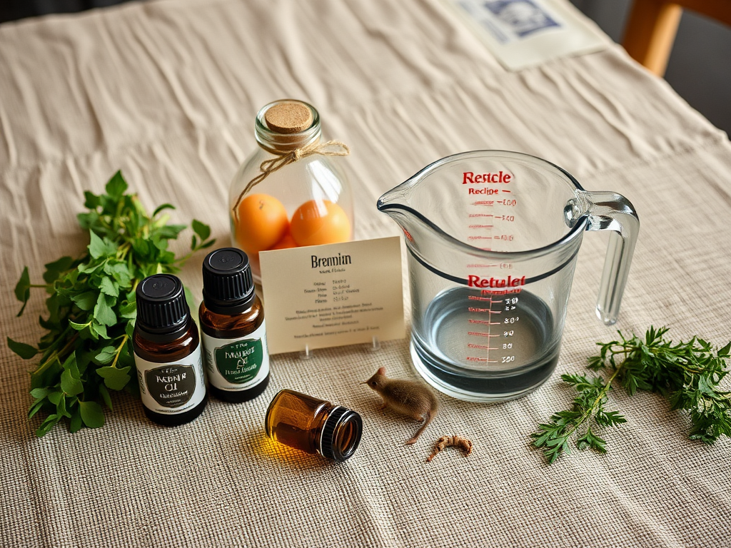 A wooden table with a measuring cup, essential oils, eggs in a jar, herbs, and a recipe card.