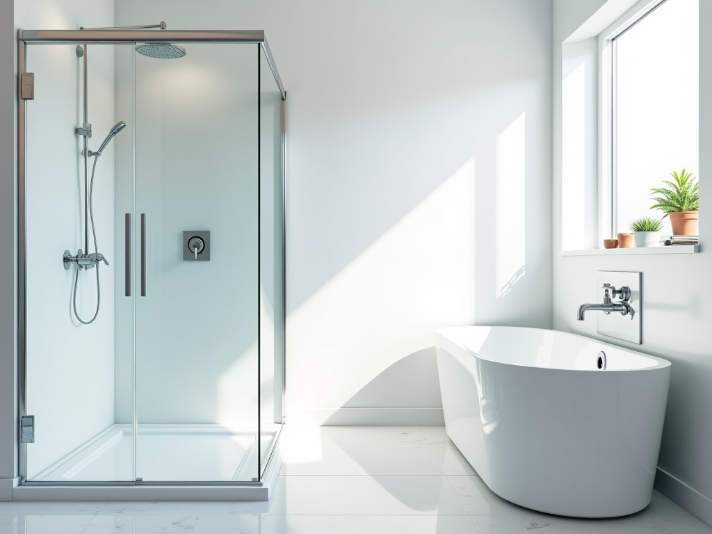 Modern bathroom interior with sunlight, featuring a glass shower and freestanding bathtub.