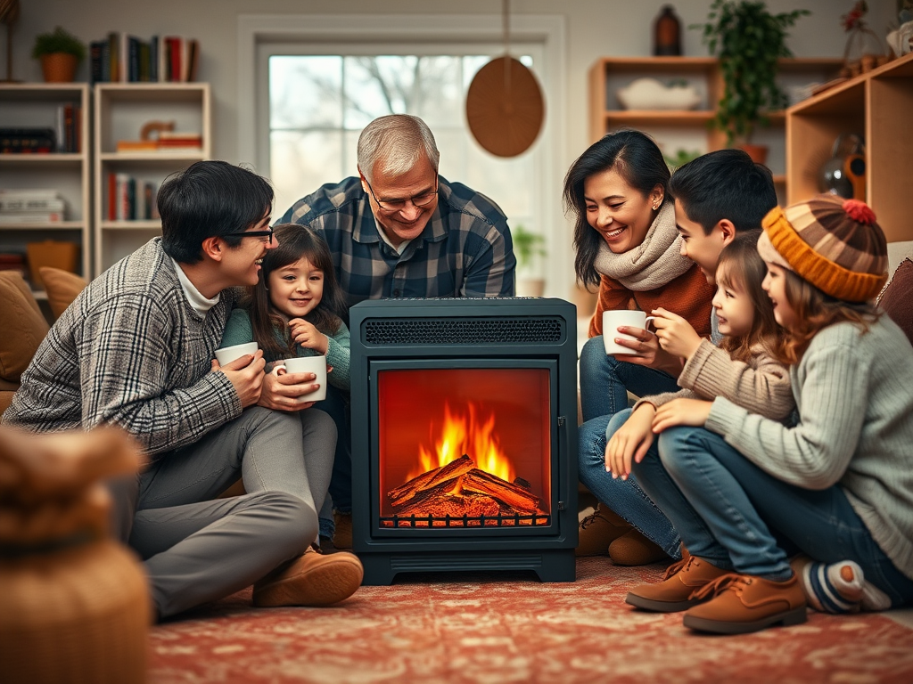 A happy family gathers around a cozy fireplace, enjoying warm drinks and sharing joyful moments together.