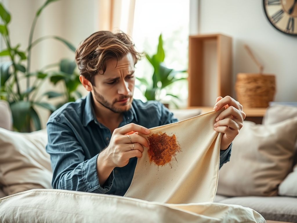 A concerned man examines a stained cloth, showing traces of brown substance, in a cozy living room setting.