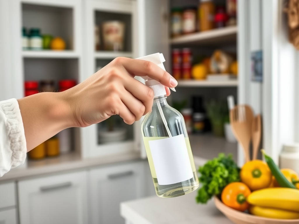 A person holding a spray bottle in a kitchen with shelves and fresh vegetables in the background.