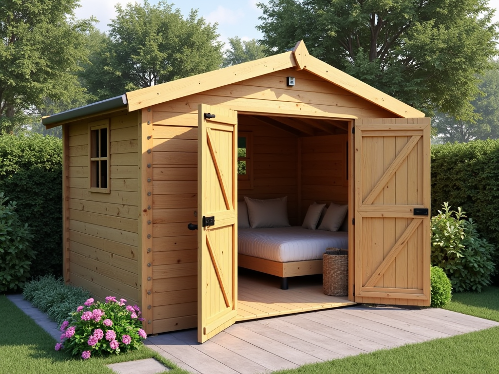 Wooden garden shed with open door revealing a cozy interior with a bed, surrounded by lush greenery and flowers.