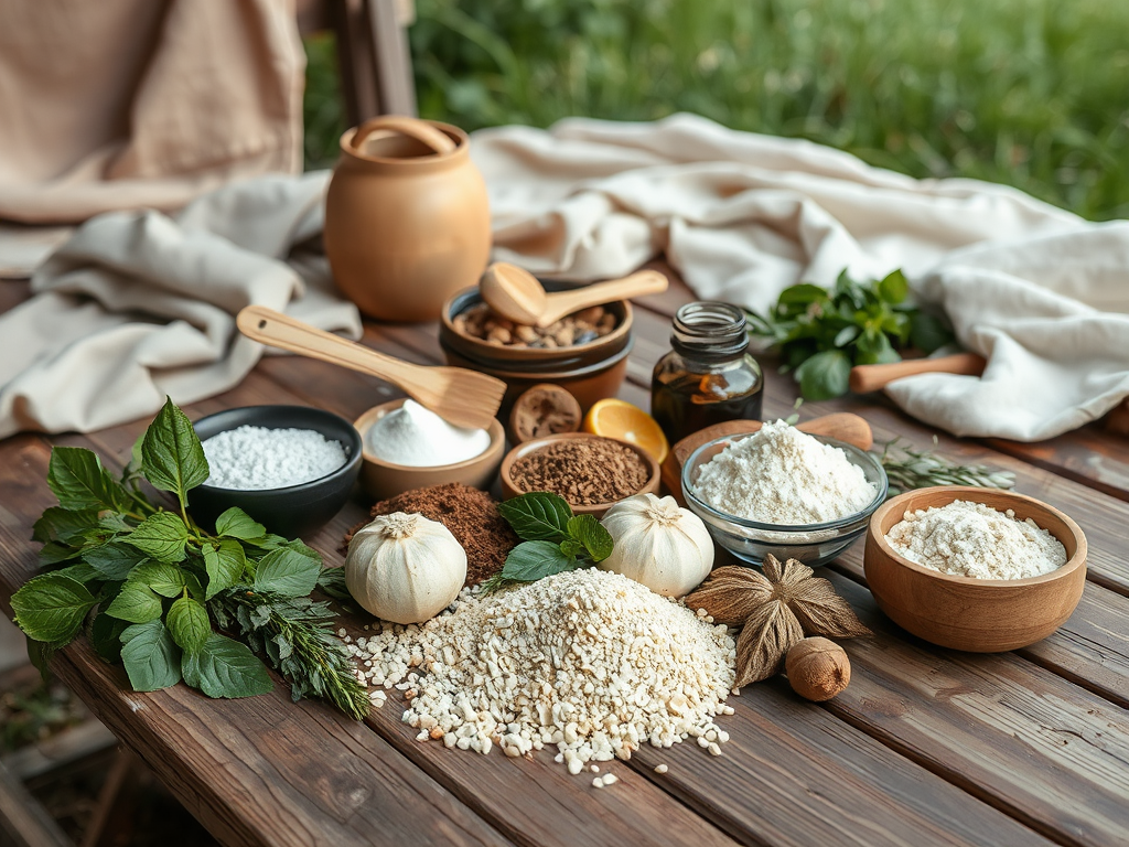 A wooden table displays various spices, herbs, and ingredients, including bowls of salt, flour, and grains, alongside greenery.