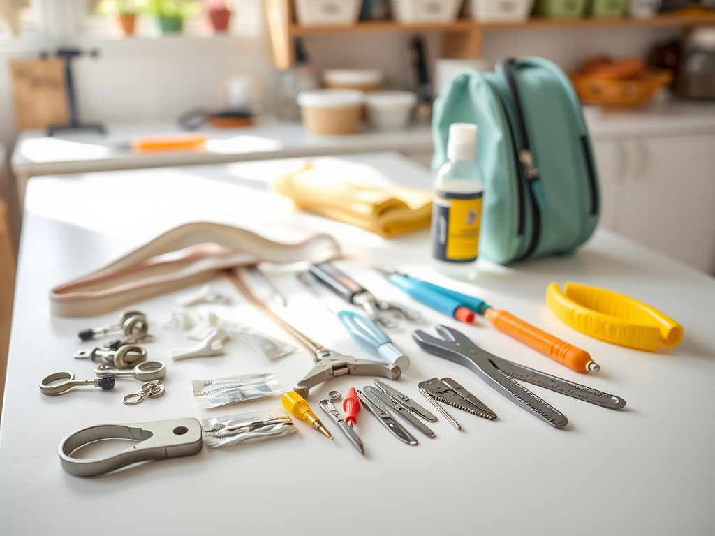 A variety of crafting tools and supplies laid out on a table, including scissors, pliers, and a small bag.