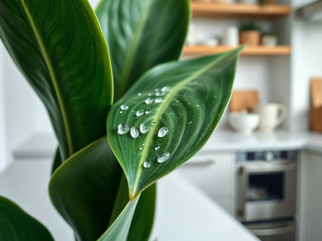 A close-up of a green plant leaf with water droplets, set against a modern kitchen background.