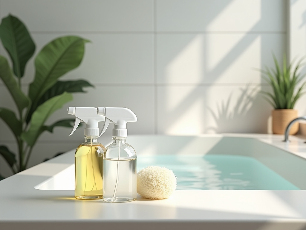 Two spray bottles and a sponge on a bright bathroom counter, with a plant in the background.