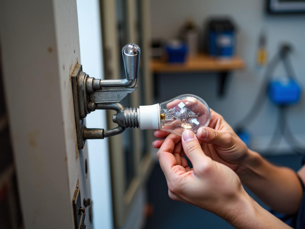 Hands replacing a light bulb in a workshop setting.