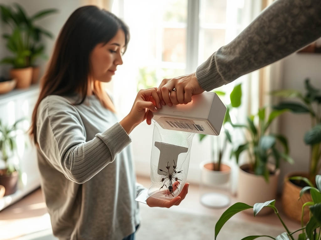 A woman holds a clear container with an insect while someone pours something from a box above it, indoors.