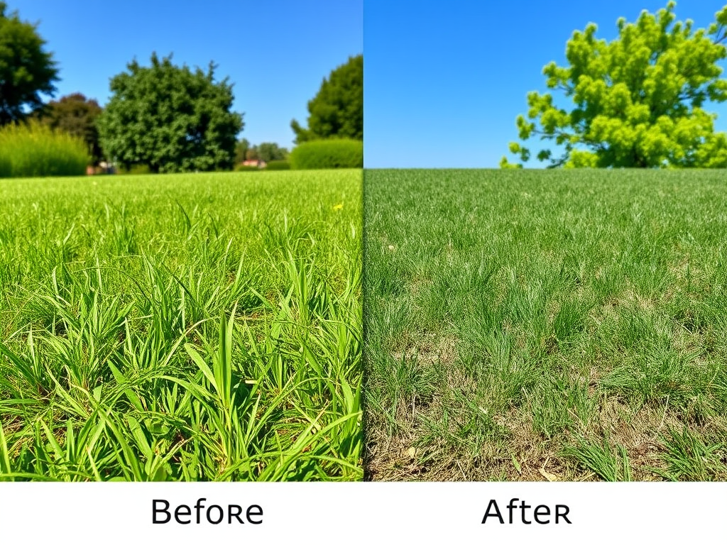 A side-by-side comparison of a lawn before and after improvement, showcasing lush green grass and a clear blue sky.