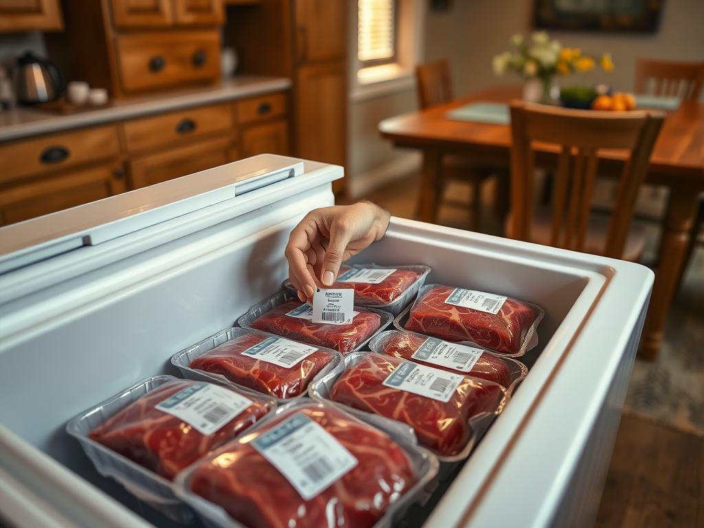 A hand reaches into a freezer filled with packaged meat, with a wooden dining table visible in the background.