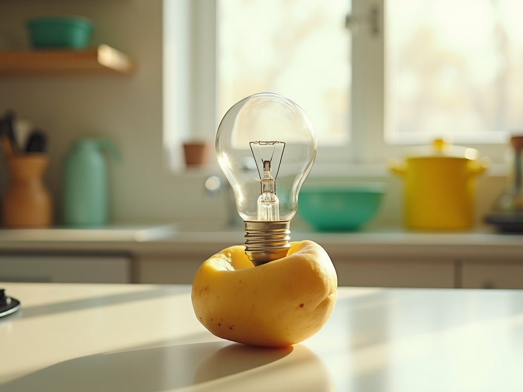 Light bulb standing in a yellow squash on a kitchen counter, with soft sunlight.