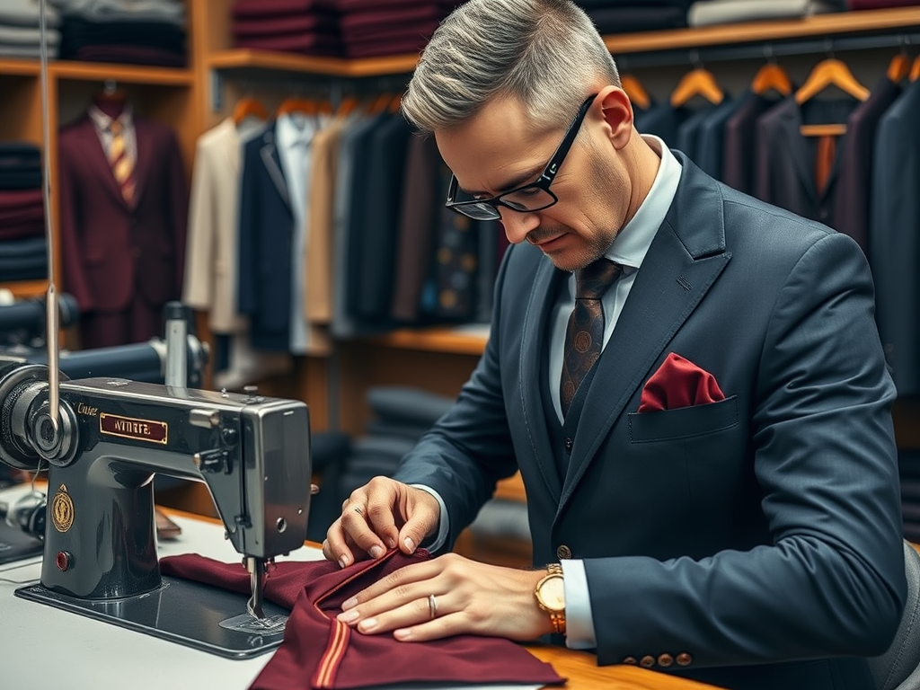 A tailor in a suit meticulously sews a maroon fabric at a sewing machine in a clothing store.