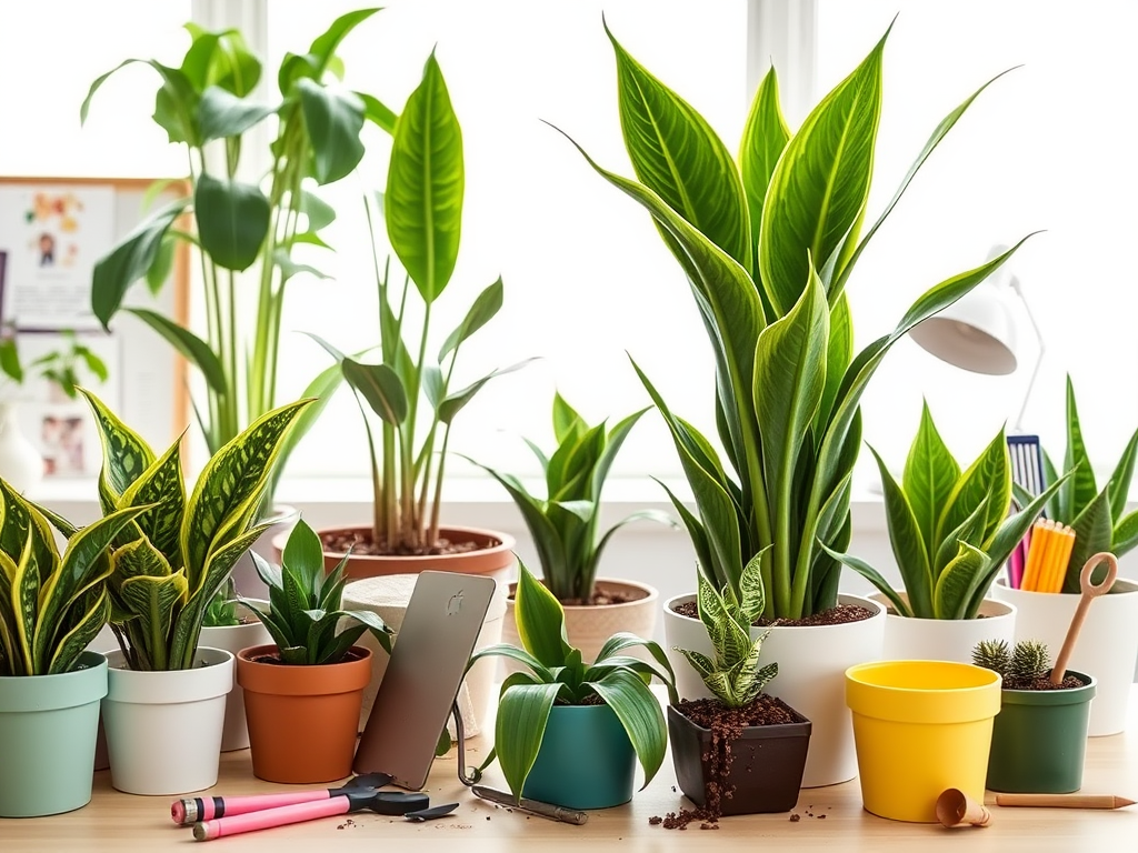 A variety of potted plants on a wooden table, with gardening tools and colorful pots in a bright indoor space.