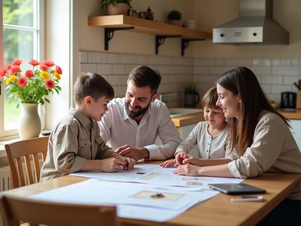 Family of four engaging happily in a drawing activity at the kitchen table with a vase of flowers nearby.