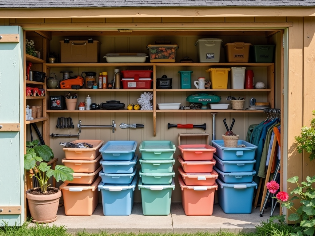 Well-organized garden shed with shelves, tools, and colorful storage bins.