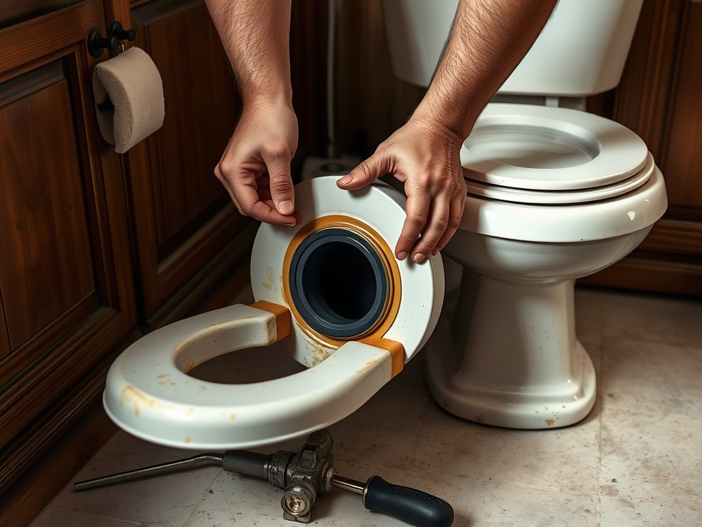 A person is repairing a toilet, holding the toilet seat above the bowl in a bathroom setting.