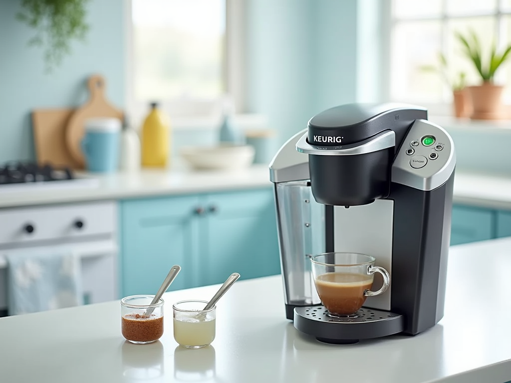 A Keurig coffee maker brewing a cup on a kitchen counter, with jars of sugar and cream nearby.