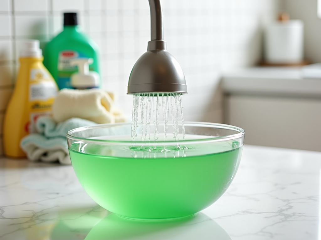 Water running from a dark grey faucet into a clear bowl filled with green liquid on a marble countertop.