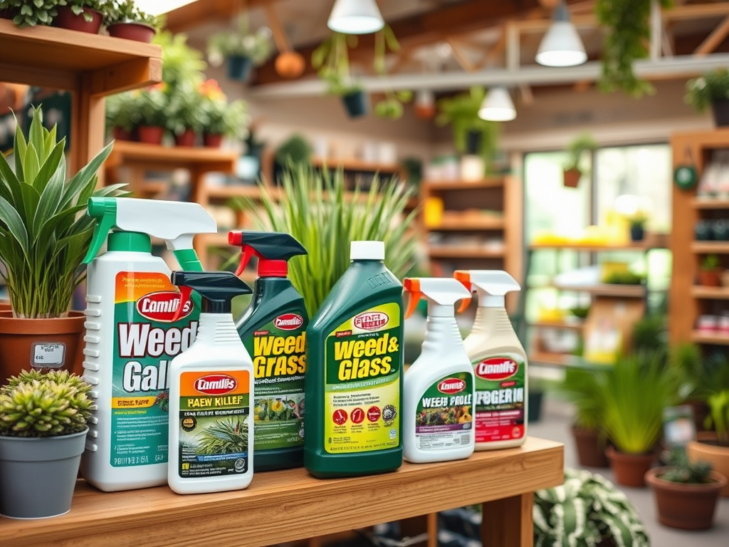 A row of weed control products displayed on a wooden shelf in a vibrant plant shop, surrounded by greenery.