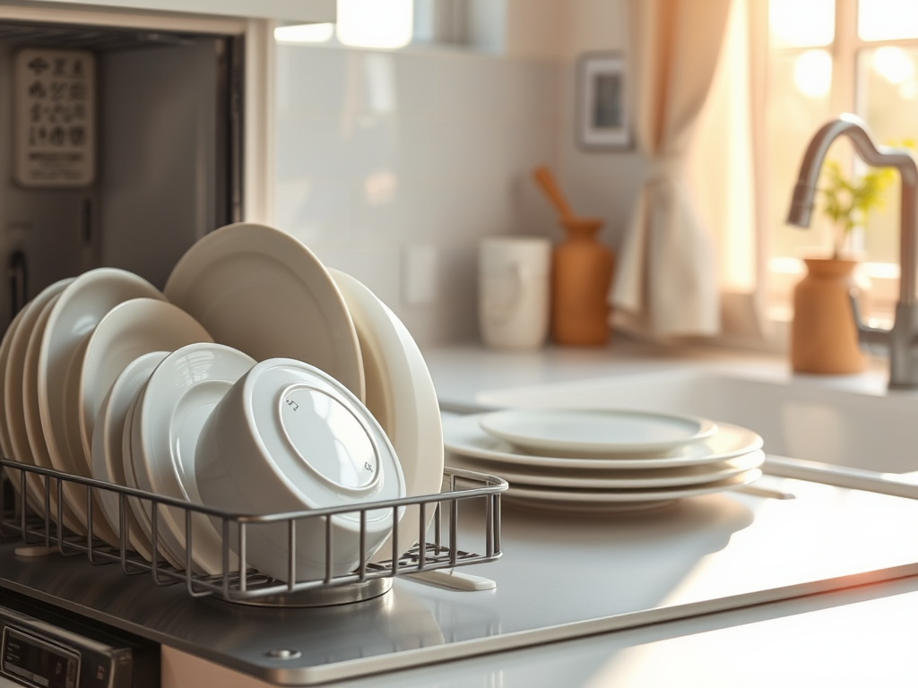 A collection of clean white dishes stacked in a dish rack beside a modern kitchen sink with natural light.