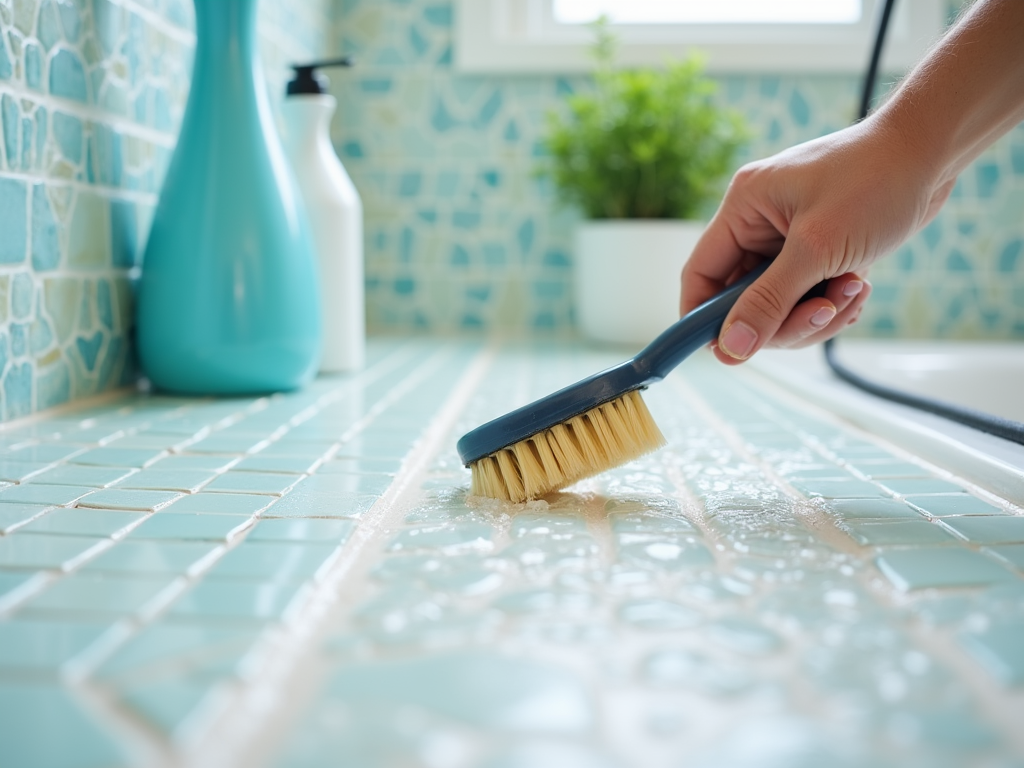 Hand scrubbing a soapy blue tiled countertop with a cleaning brush.