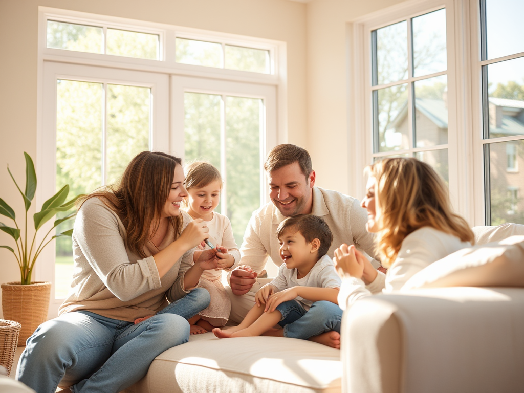 A happy family with two adults and two children enjoy playtime on a couch in a sunlit room.