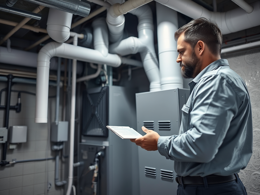 A man stands in a basement with pipes, holding a clipboard and inspecting the equipment around him.