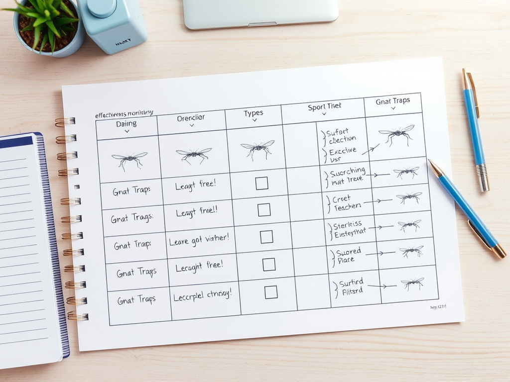 A worksheet with columns for effectiveness monitoring, types of traps, and notes on gnat traps. Includes illustrations.