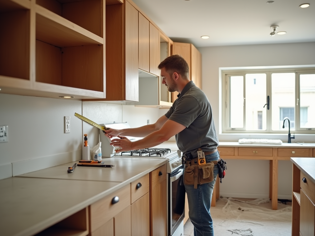 Man measuring kitchen counter with tape in newly constructed home.